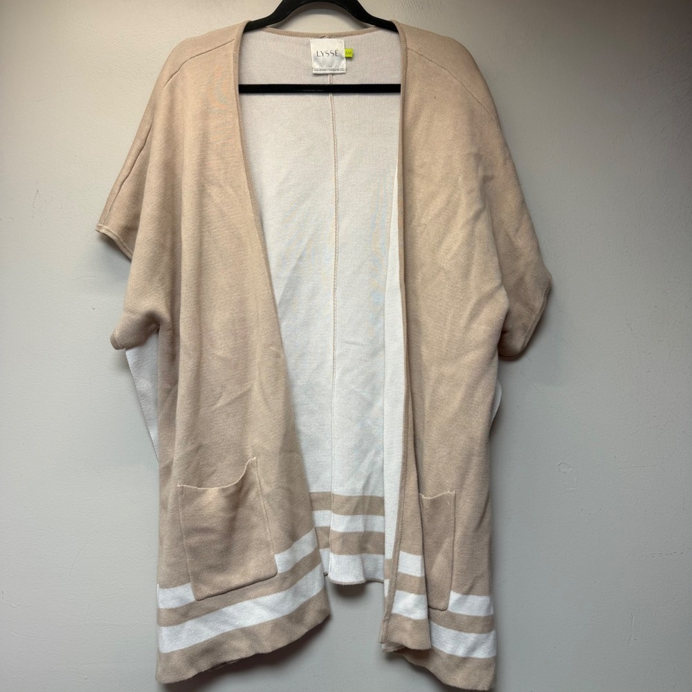Lysse Cardigan Women S/M Tan White Excellent Open Front Striped Knit Wrap Pocket